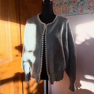 Commense Pearl Trim Ripped Hem Cardigan